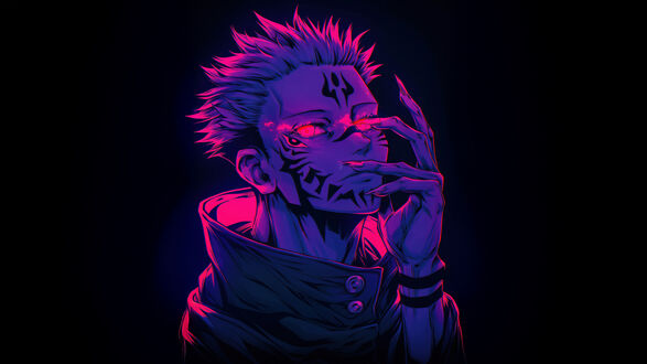 Обои на рабочий стол Сукуна Ремэн / Sukuna Ryoumen из аниме Магическая битва / Jujutsu Kaisen с красными глазами и отметинами на лице, держит руку у лица на черном фоне