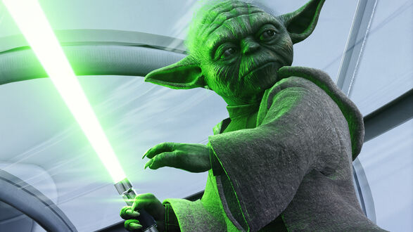 Обои на рабочий стол Йода / Yoda из фильма Звездные войны / Star Wars в сером костюме держит зеленый световой меч
