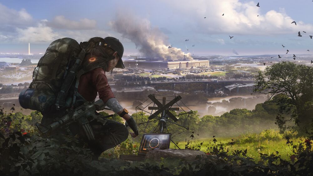 Обои для рабочего стола Вашингтон / Washington D. C, США / USA, девушка из игры The Division 2 / The Division 2 в костюме с рюкзаком смотрит на устройство с антенной, на фоне разрушенного города с дымом, вертолетами и птицами в небе
