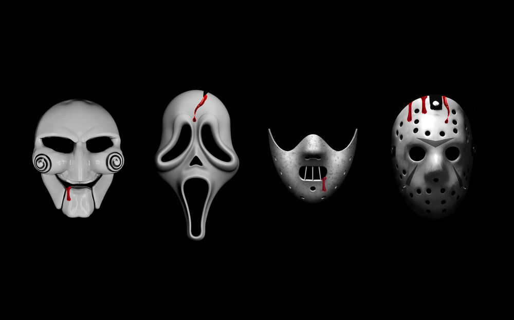 Обои для рабочего стола Четыре маски из фильмов ужасов: Пила / Saw, Крик / Scream, Молчание ягнят / The Silence of the Lambs и Пятница 13-е / Friday the 13th, на черном фоне