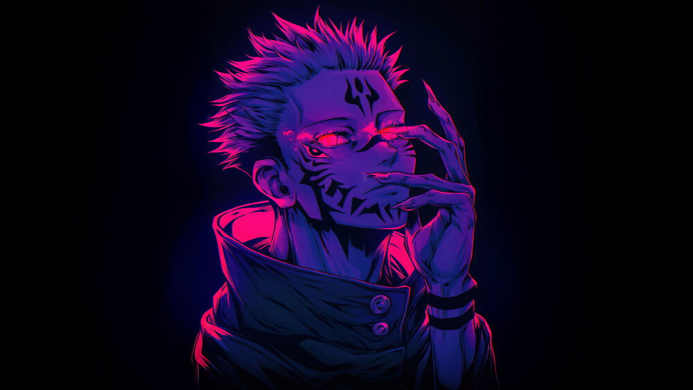 Обои для рабочего стола Сукуна Ремэн / Sukuna Ryoumen из аниме Магическая битва / Jujutsu Kaisen с красными глазами и отметинами на лице, держит руку у лица на черном фоне