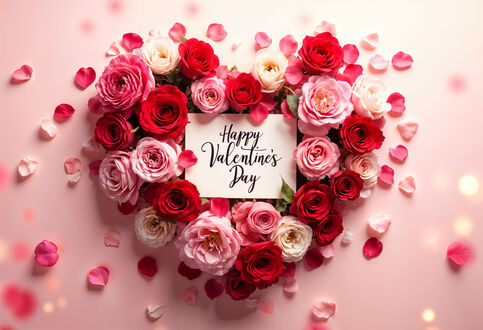 Конкурсная работа Сердце из красных и розовых роз и лепестков с открыткой (Happy Valentines Day) на розовом фоне
