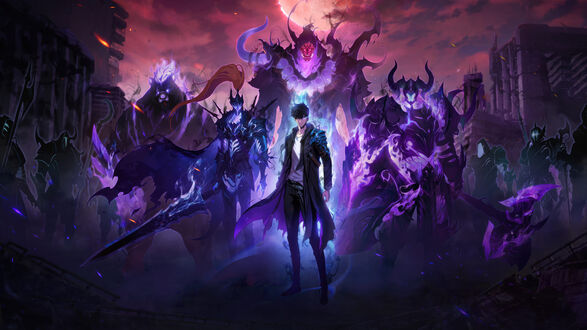 Обои на рабочий стол Сон Джин Ву / Son Jin Woo из аниме Solo Leveling / Solo Leveling в плаще, окруженный монстрами, на фоне разрушенного города и красного неба