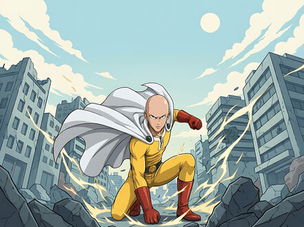 Обои на рабочий стол Мужчина из аниме Ванпанчмен / One-Punch Man в желтом костюме и белом плаще присел на обломках, на фоне разрушенного города и неба