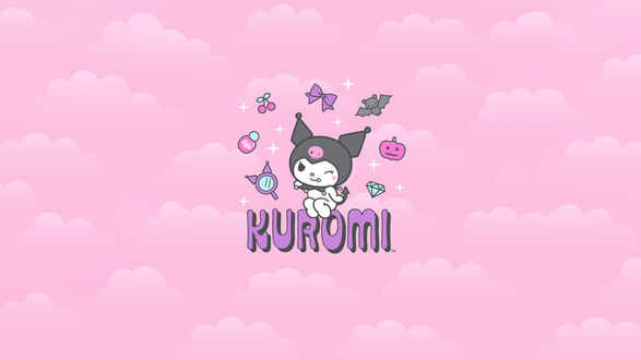 Обои на рабочий стол Персонаж Куроми / Kuromi подмигивает, вокруг нее летают предметы, на розовом фоне с облаками (KUROMI)
