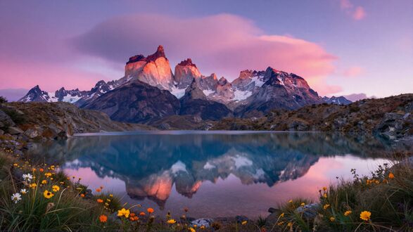Обои на рабочий стол Торрес-дель-Пайне / Torres del Paine, Чили / Chile, озеро, цветы на берегу, на фоне заснеженные горы и розовые облака