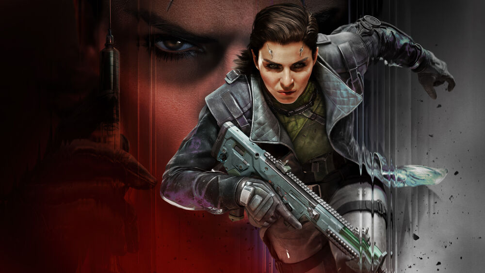 Обои для рабочего стола Бегущая девушка с оружием из игры Call of Duty: Black Ops 7 2026 в костюме с винтовкой, на фоне женского лица со шприцем