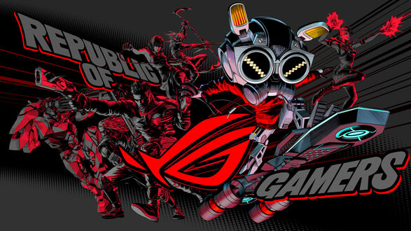Обои на рабочий стол Красный логотип ROG и стилизованные персонажи ASUS (REPUBLIC OF GAMERS) на темном фоне