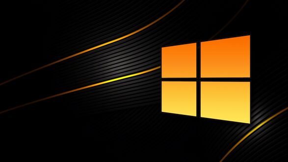 Обои на рабочий стол Оранжево-желтый логотип Windows 10 на темной текстурированной поверхности с оранжевыми светящимися линиями