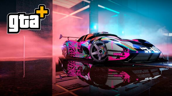 Обои на рабочий стол Спортивный автомобиль Overflod Pipistrello из игры GTA Online с ярким дизайном (GTA+) на отражающем полу, на фоне неоновых огней