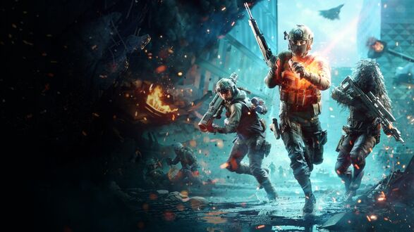 Обои на рабочий стол Солдаты с оружием из игры Battlefield 2042 Elite Edition на фоне разрушенного города