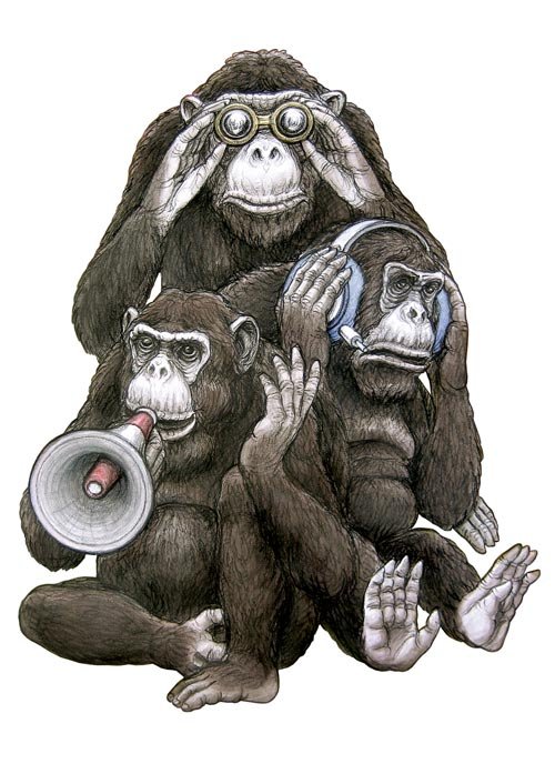 Фото Три обезьяны, с биноклем в наушниках и с громкоговорителем