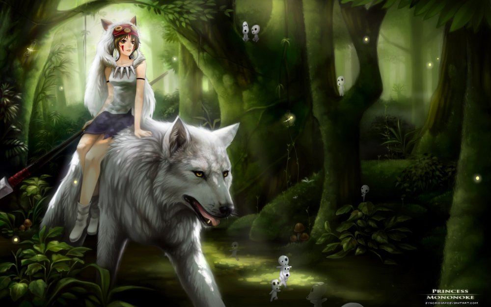 Фото волк с красивой всадницой в волшебном лесу