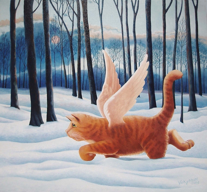 Фото Ангельский кот на фоне зимнего леса, художник Vicky Mount / Вики Маунт