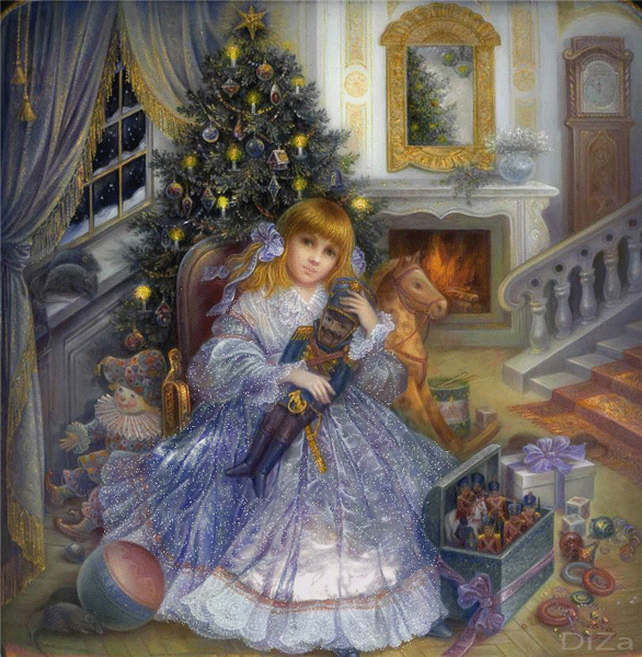 Фото Девочка с подарками у новогодней ёлке, в руках у неё Щелкунчик (DiZa)