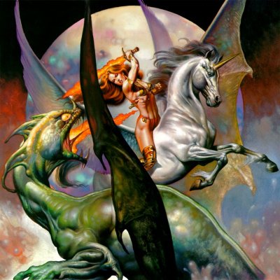 Фото Девушка верхом на единороге сражается с огнедышащем драконом