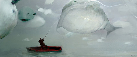 Рыбак в лодке картина с удочкой