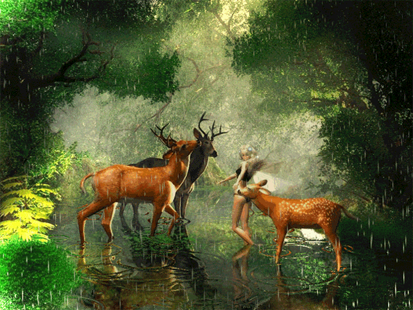 Фото Лесная нимфа в окружении оленей под дождём в сказочном лесу