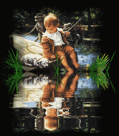 Фото Маленький мальчик на рыбалке. Щенок рядом ждёт улова