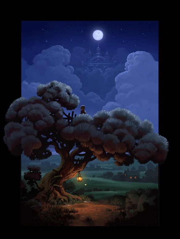 Фото Мальчик сидит на дереве и смотрит на ночное небо