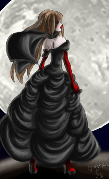 Фото Готическая девушка в красивом чёрном платье на фоне Луны