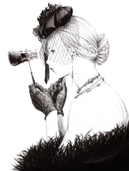 Фото Девушка в шляпке с вуалью держит театральный бинокль, art by Sawasawa