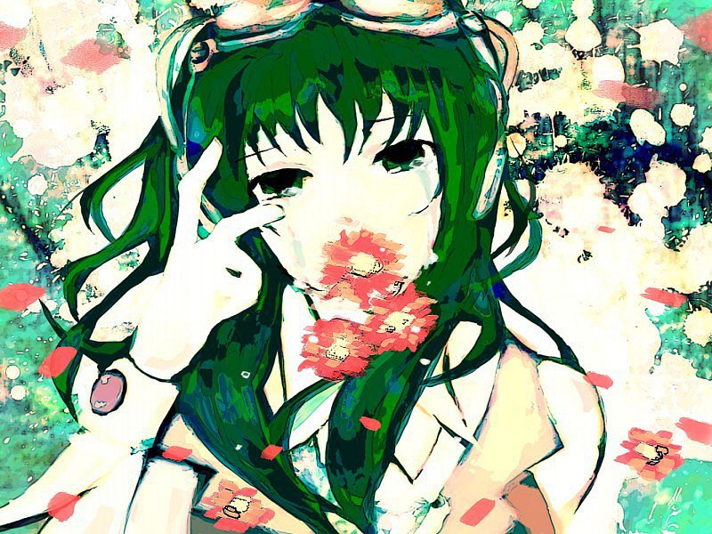 Фото Vocaloid Gumi Megpoid / Вокалоид Гуми Мегпоид с цветами со слезами на глазах