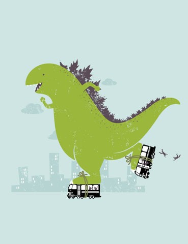 Фото Динозавр катается на роликах-автобусах