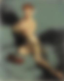 Фото Обнаженная девушка в прозрачной черной накидке сидит на диване и любуется бусами из жемчуга (стиль pin-up / пин-ап), by Gil Elvgren