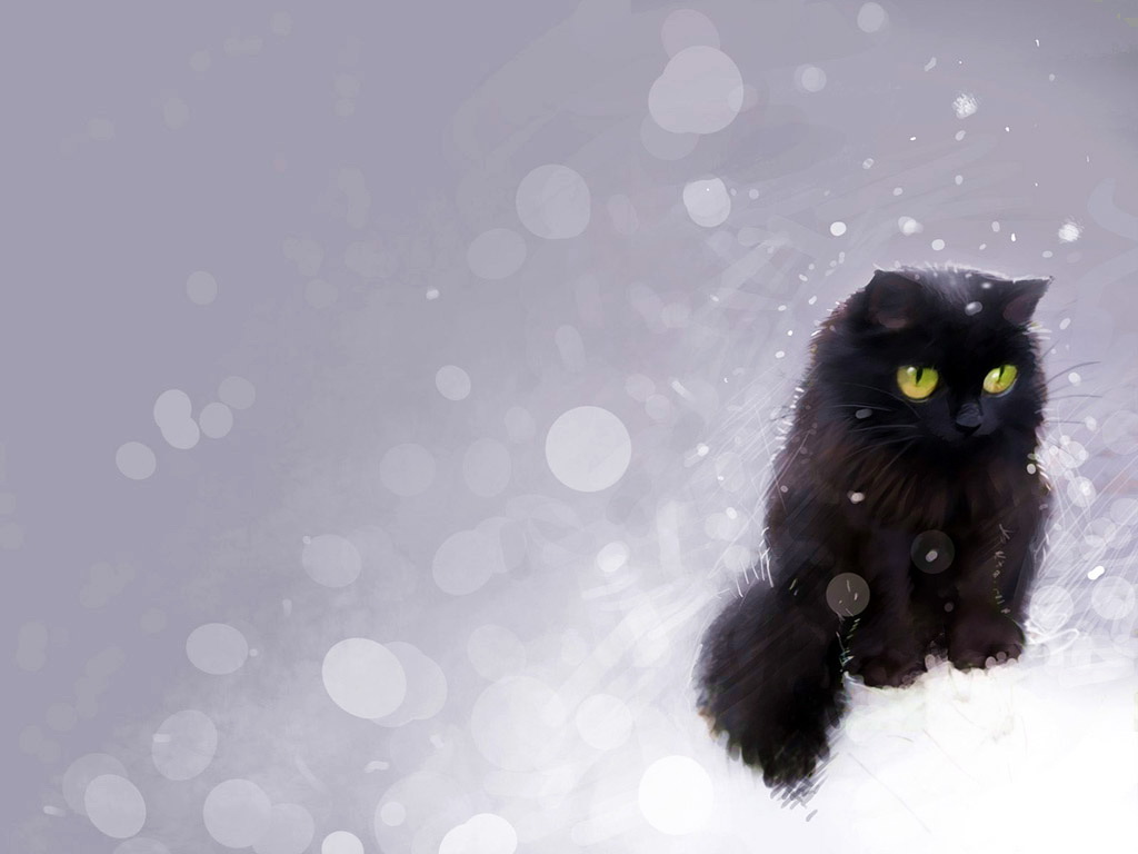 Фото Пушистый черный кот сидит на снегу