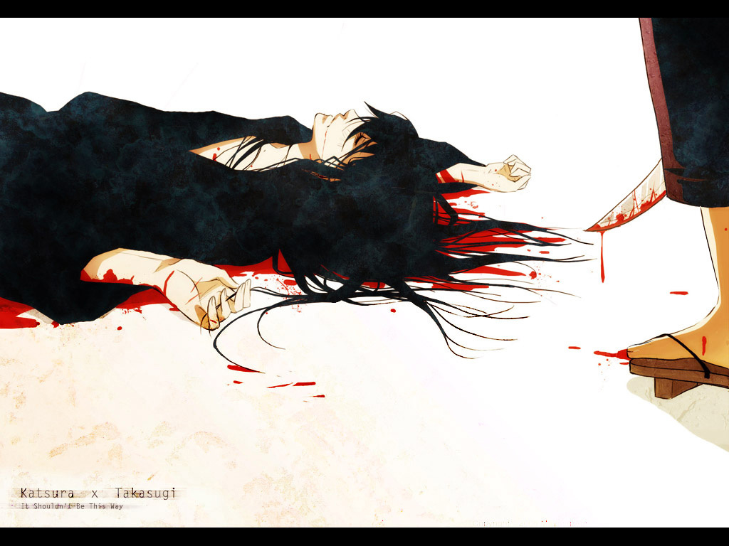 Фото Katsura Kataro лежит в луже крови, рядом стоит Takasugi Shinsuke с окровавленной катаной из аниме Gintama / Гинтама (Katsura x Takasugi. It Shouldnt Be This Way)
