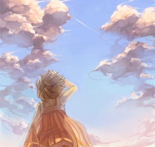 Фото Девочка в оранжевом платье смотрит на небо