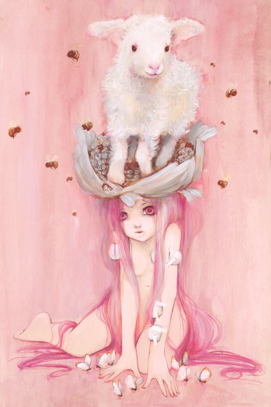 Фото Голая девушка с длинными розовыми волосами и барашком на голове