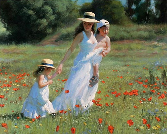 Фото Мама с детьми гуляет на цветочной поляне