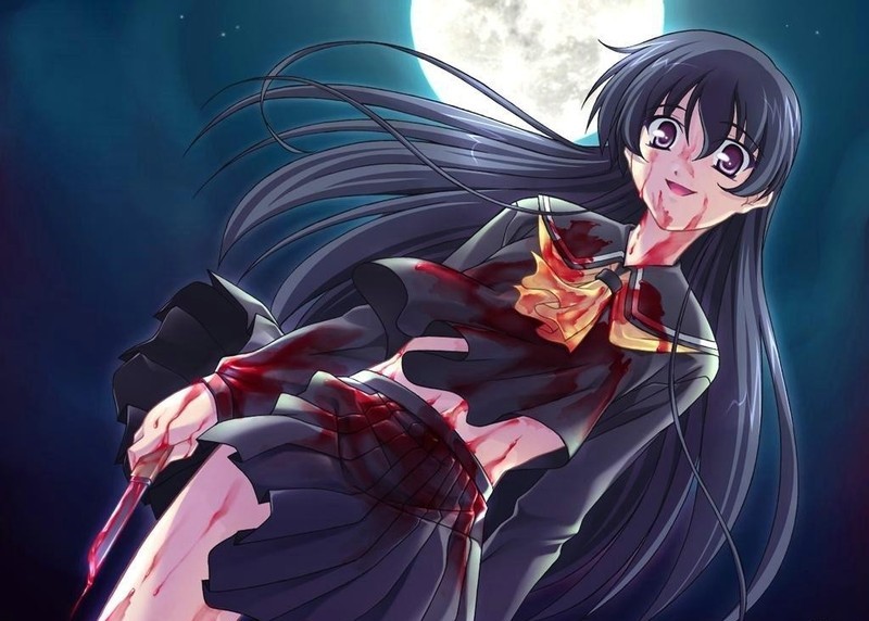 Фото Аниме девушка вся в крови и с окровавленным ножом в руке на фоне полной луны