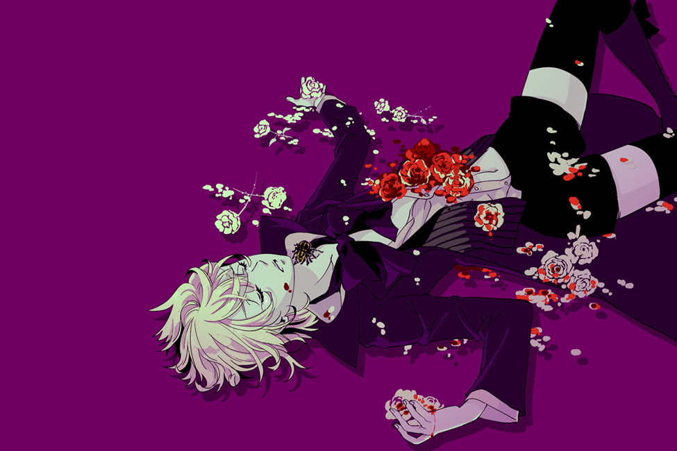 Фото Алоис лежит в окровавленных розах с пауком на шее (аниме Тёмный Дворецкий)