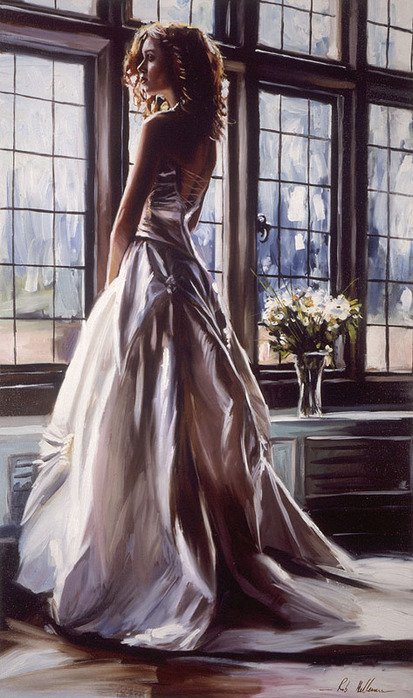 Фото Девушка в пышном белом платье стоит у окна