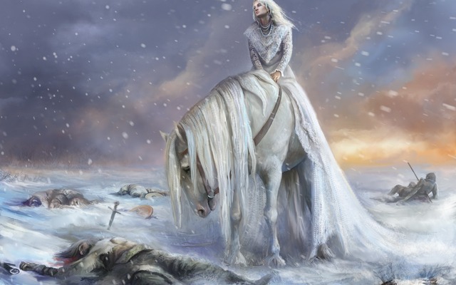 Фото Девушка на белоснежном коне на боевом поле