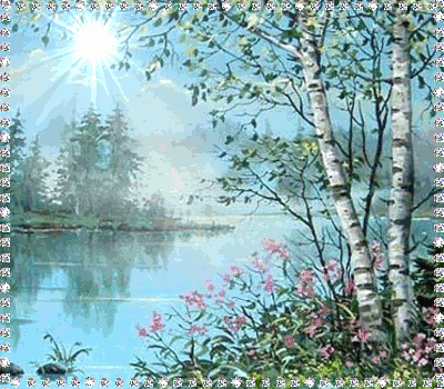 Фото Типичный русский пейзаж с березками на берегу спокойной реки, освещенной лучистым весенним солнышком