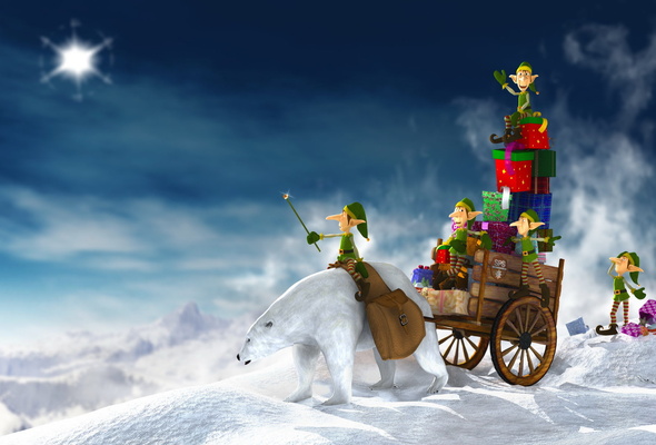Фото Эльфы на белом медведе развозят новогодние подарки детям