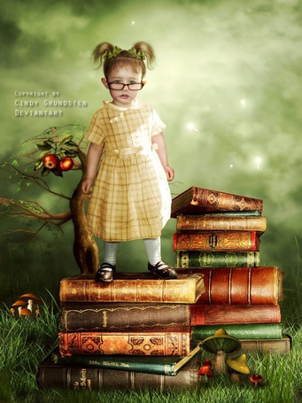 Фото Девочка в очках стоит на стопке книг (copyright by Cindy Crindsten Deviantart)