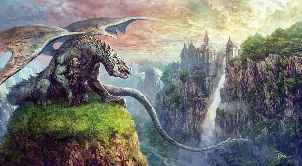 Фото Воин с драконом всматриваются в замок, который высится на противоположной стороне ущелья