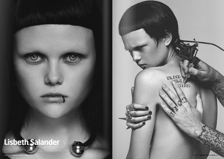 Фото Серьезной девушке с сережкой в губе набивают татуирвку (Lisbeth Salander, Thomas Lavelle)