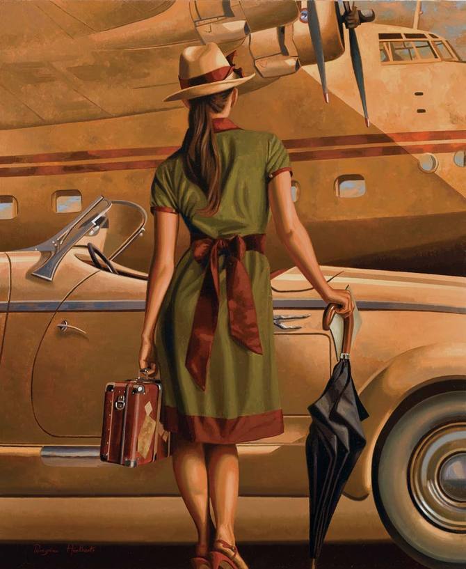 Фото Девушка с багажом стоит перед самолетом, художник Peregrine Heathcote