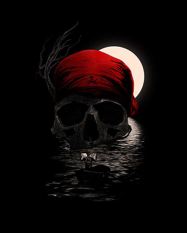 Фото Пиратский череп в красной бандане лежит посреди моря, к нему подплыл искатель сокровищ, иллюстратор Nicebleed
