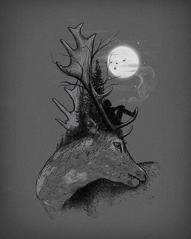 Фото Человек сидит на голове оленя, смотрит на луну, курит и размышляет о жизни, иллюстратор Nicebleed