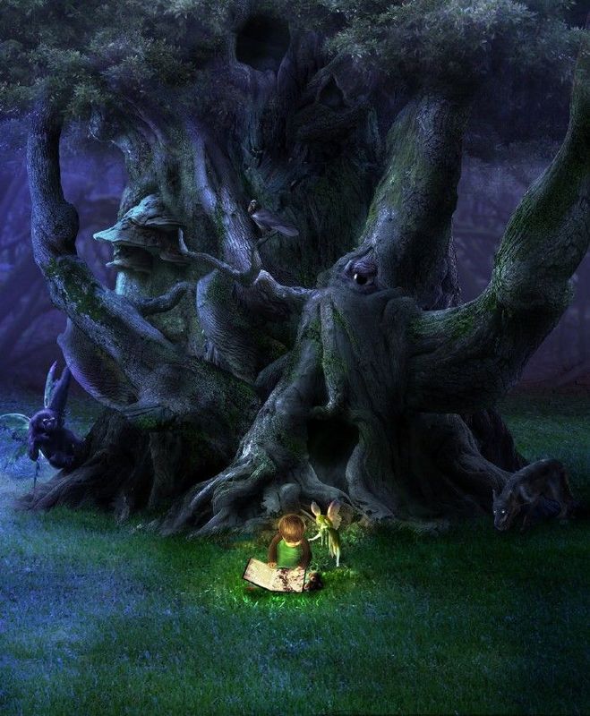 Фото Под деревом с глазами сидит ребёнок и читает книгу, за ним, спрятавшись за деревом, наблюдают сказочные чудовища