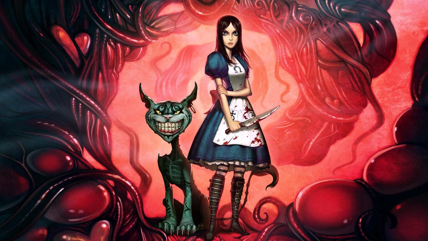 Фото Фото Alice: Madness Returns (рус. Алиса: Безумие Возвращается).Алиса с ножом и чеширский кот