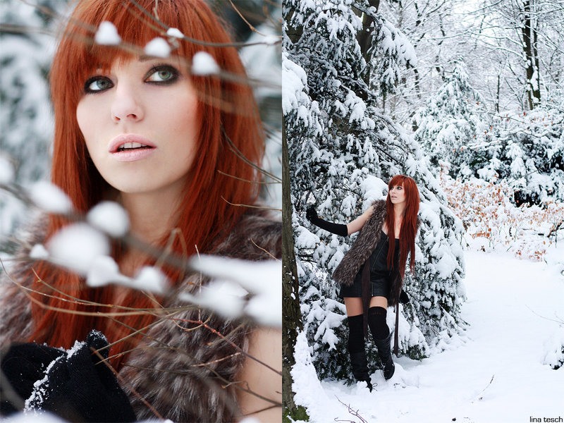 Фото Рижеволосая девушка в зимнем лесу