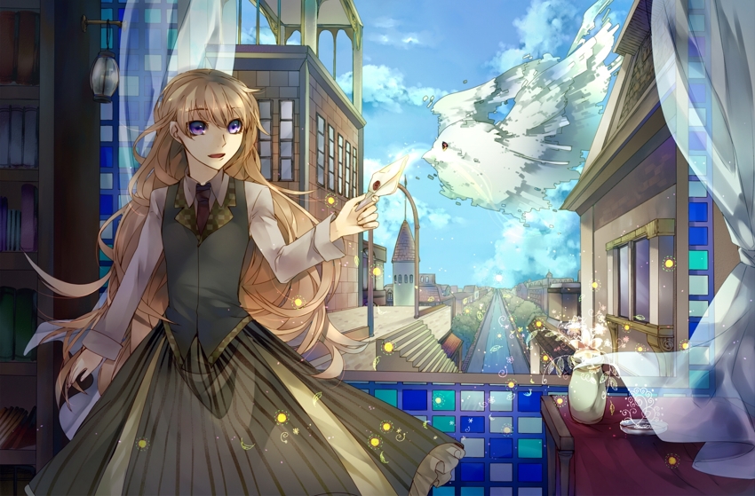 Фото Девушка с магическим конвертом в руке стоит у окна, из которого открывается вид на фантастический город, где в небе пролетает огромная волшебная сова